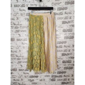MYSTREE Maxi Mixed Media Print Skirt Size Small Beige Floral Lace Satin Boho‎